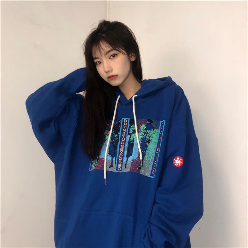 卫衣女男2021秋季潮ins慵懒风宽松高街情侣上衣蓝色xxs胸前印花贴慎拍