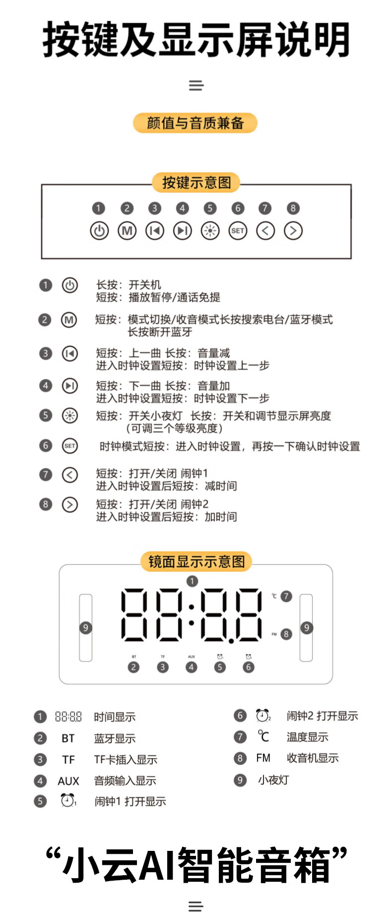 蓝牙音箱时钟闹钟无线小音响智能多功能插卡镜面小夜灯带收音机 lzqly