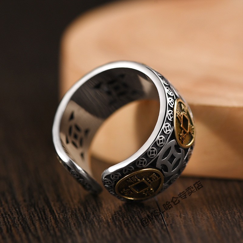 复古做旧五帝钱戒指男潮流冷淡风男士单身戒防泰银铜钱开口戒指 j487