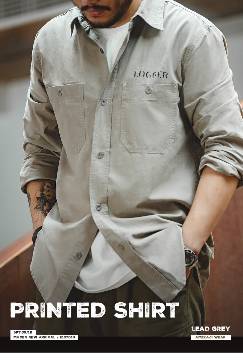 装日系复古字母印花浅灰色衬衫叠穿衬衣口袋硬汉外套男秋季 铅灰色 s