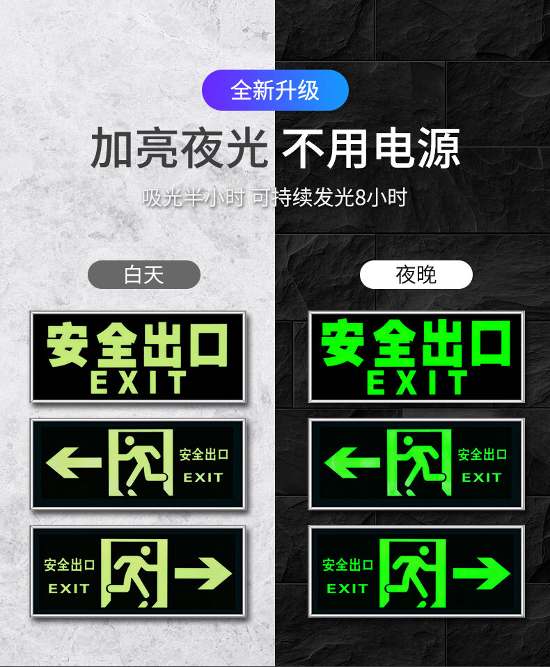标牌自发光提示地标贴纸荧光警示牌标示贴安全出口向左银框135x315cm