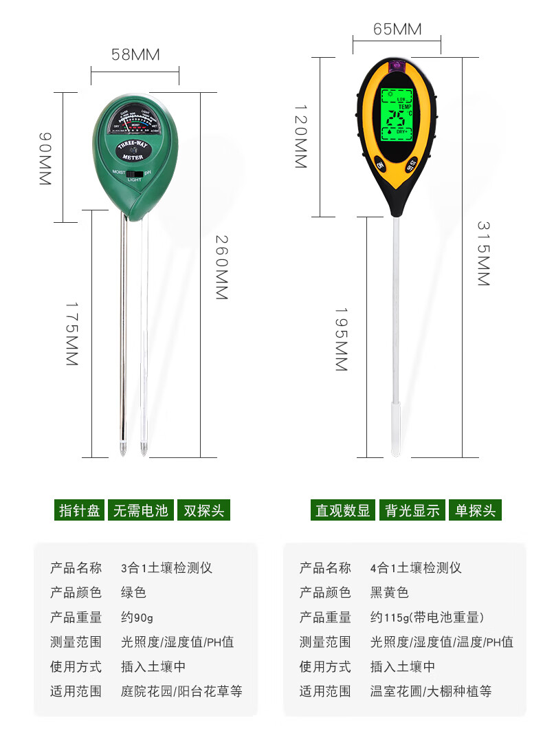 qefh 土壤湿度检测仪养花水分酸碱度传感器高精度湿度计花盆植物花草