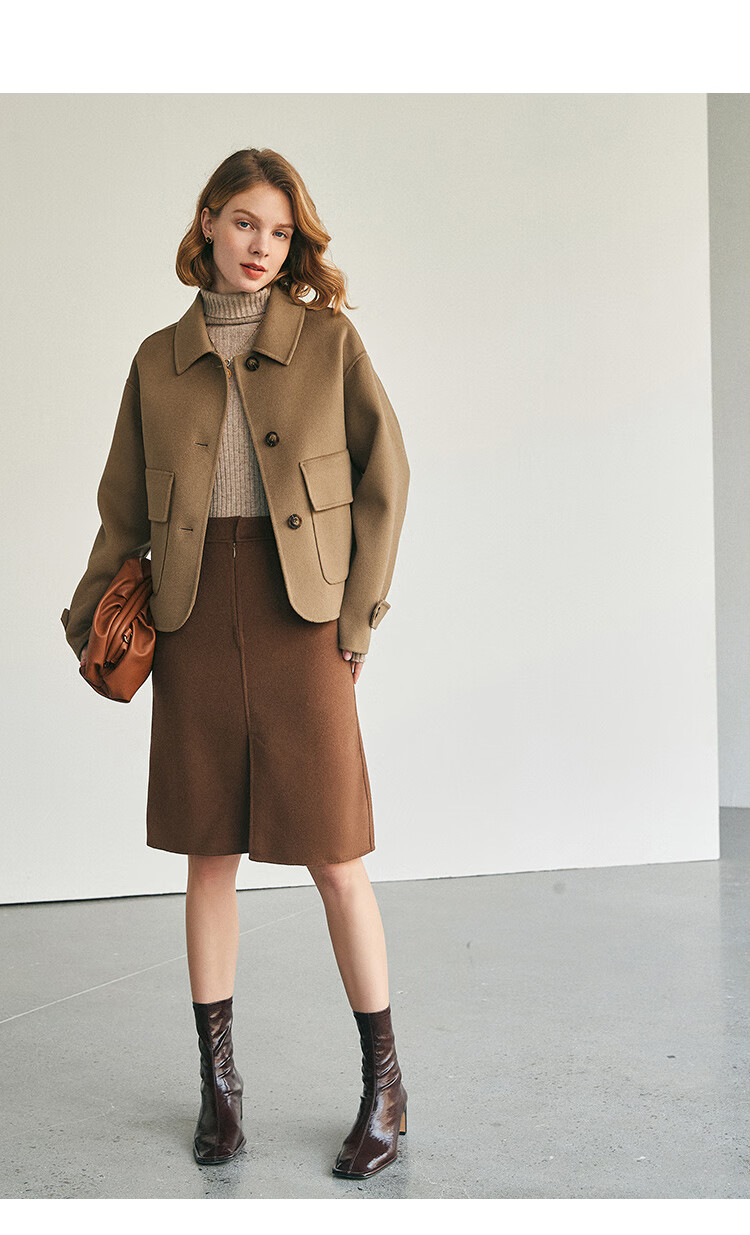 法曼萱浅卡其色短款双面羊绒大衣女冬季2021新款时尚羊毛呢子外套浅