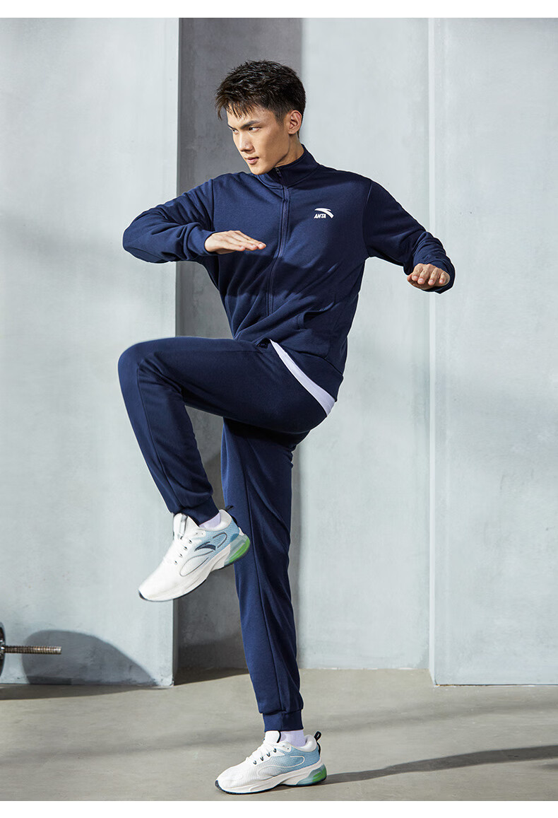 安踏运动套装男2021秋冬新款运动套装男开衫针织外套跑步长裤两件套