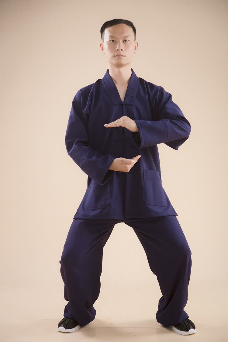 金飒新品武当山标准道士服装太极练功服全套对襟三宝领三清领中褂男女
