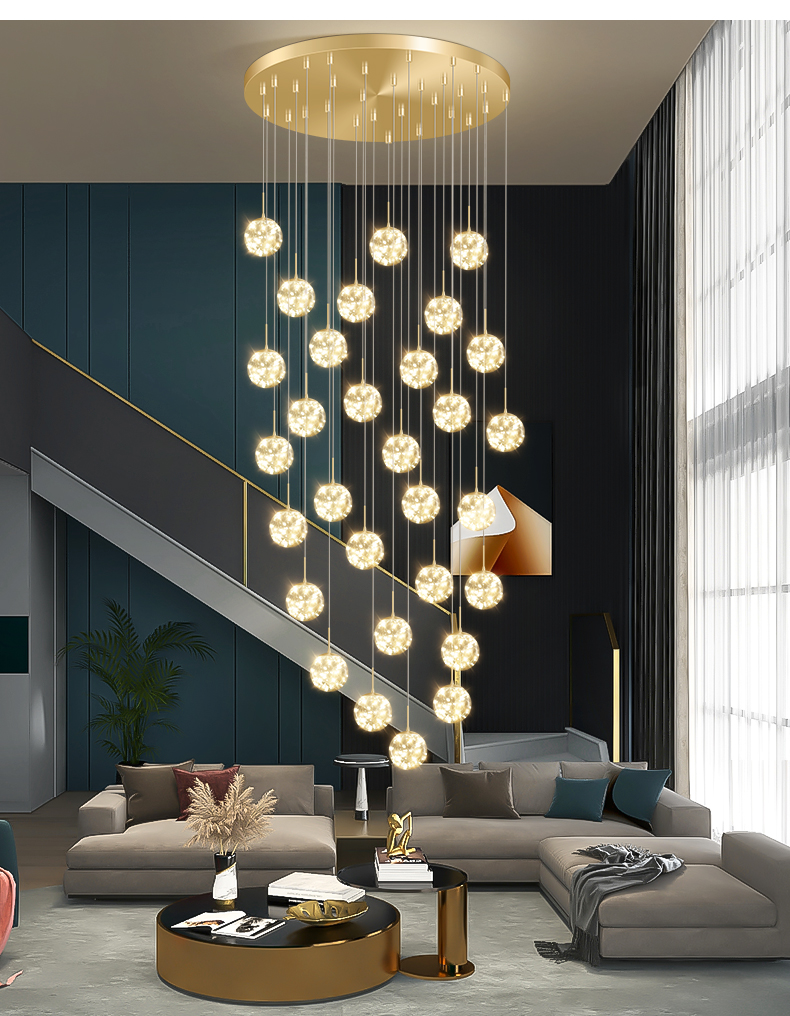轻奢楼梯吊灯简约现代别墅复式楼客厅大灯北欧创意满天星长吊灯饰