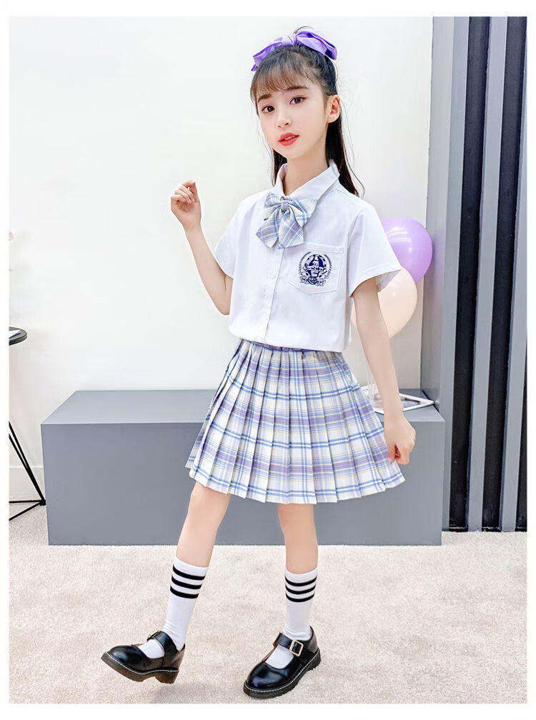夏天穿的日系简约学院风衬衫百褶裙两件套儿童小学生时尚洋气户外衣服