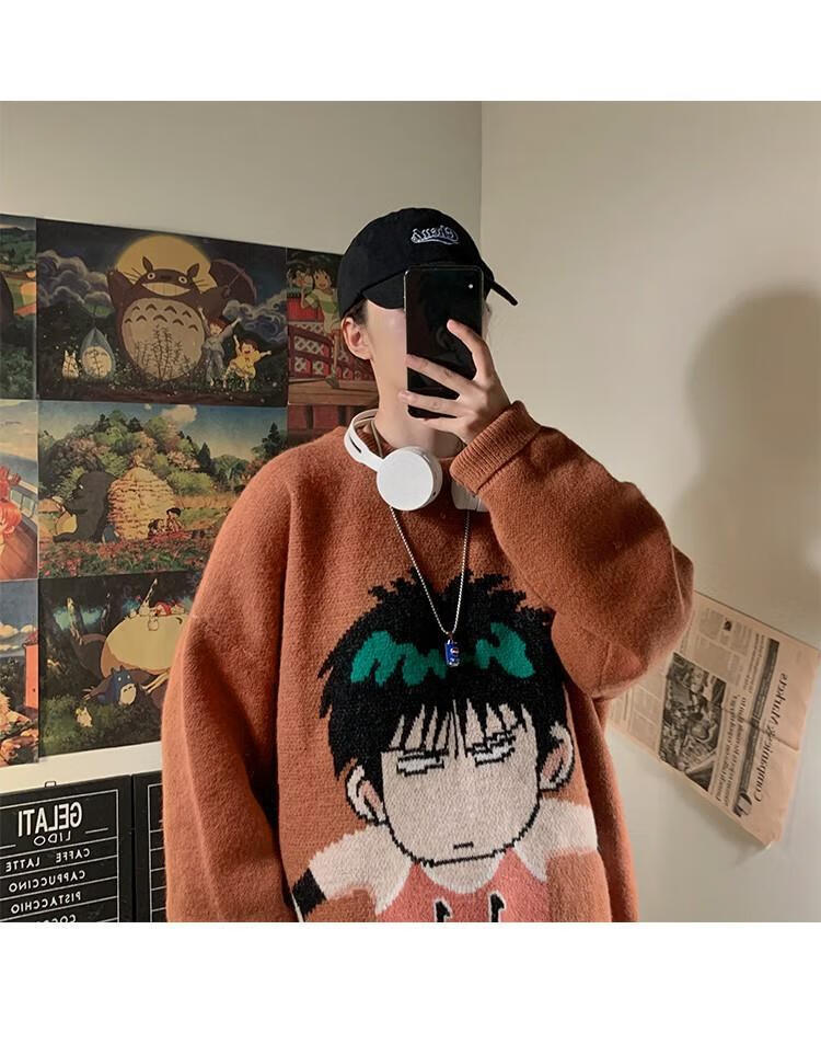 日系炸街帅气毛衣男ins个性卡通动漫圆领针织衫外套宽松毛线上衣k20深