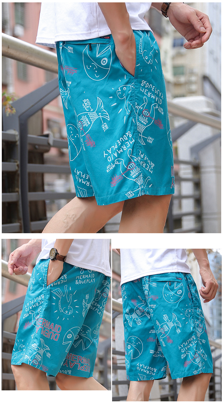 夏季男士沙滩裤纯棉大裤头外穿宽松居家休闲花花大裤衩卡其色l