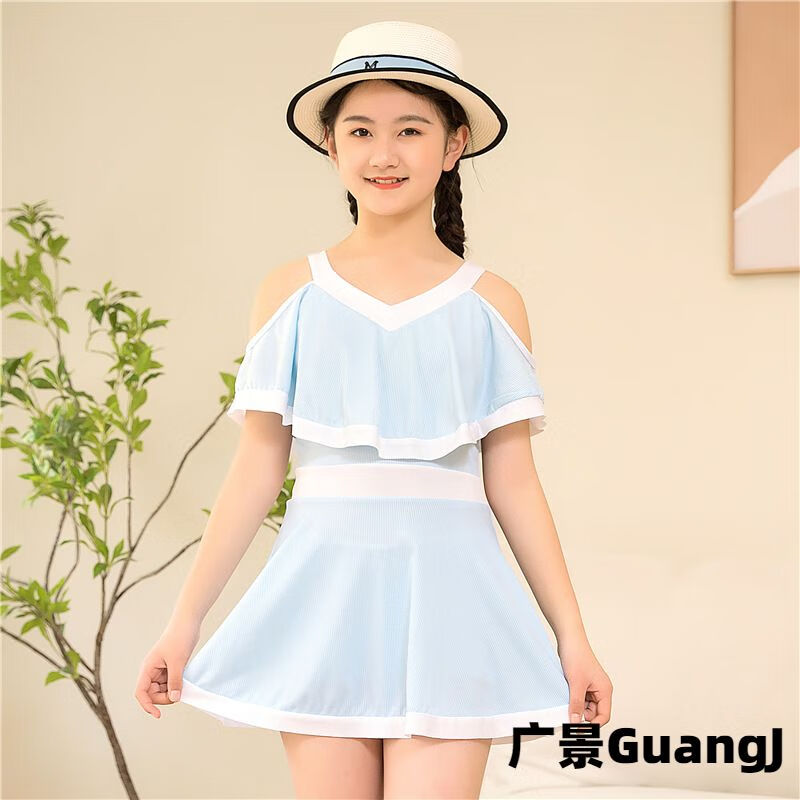 儿童泳衣大童少女款8-12岁小姐姐条纹裙式连体泳装温泉游泳衣7.