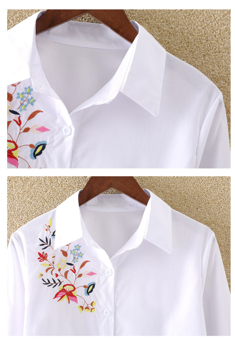女装新款新款95棉绣花刺绣衬衫女长袖打底衫加肥加女装200斤白色衬衣
