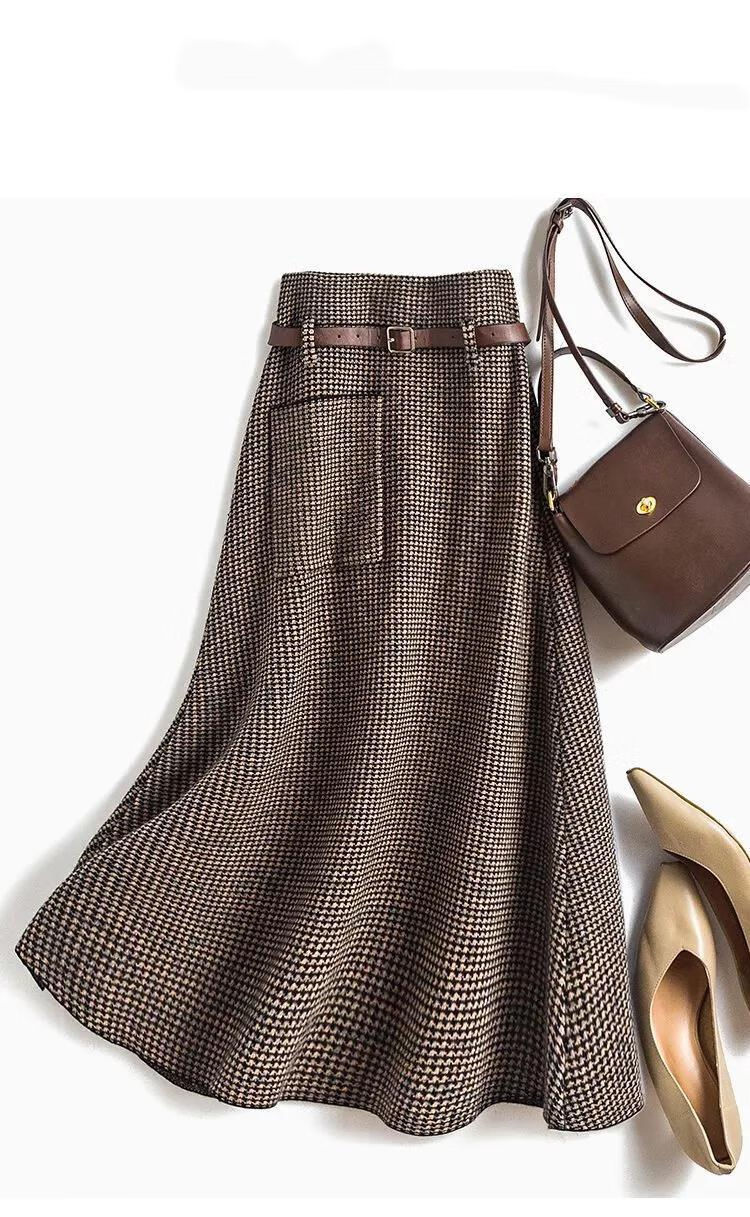 2021冬季百搭毛呢半身裙女千鸟格设计a摆仿针织裙子2021秋冬新款百搭