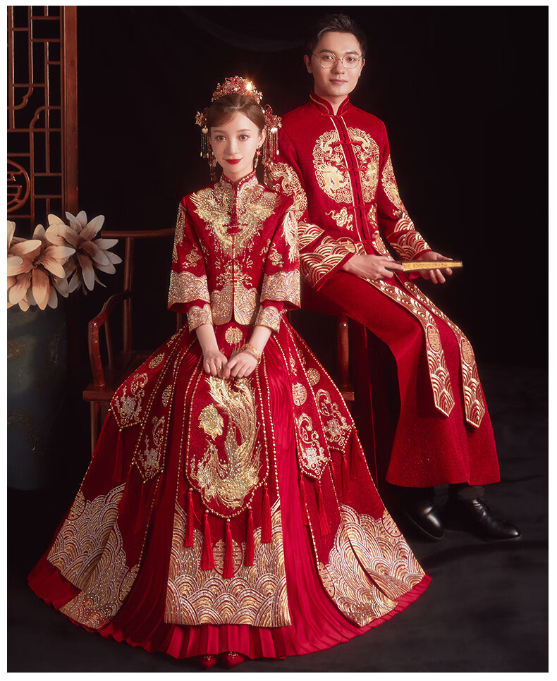 中式结婚礼服新娘新郎唐装秀禾服男女套装2021年新款女显瘦龙凤褂嫁衣