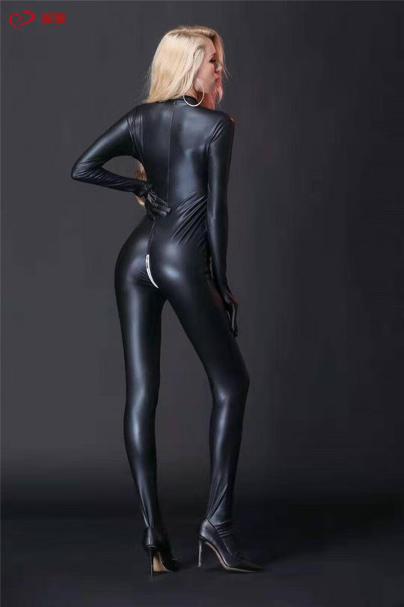 苾旎美女紧身pu衣全身连体衣女表演服连身衣长袖手套热辣塑身黑色m