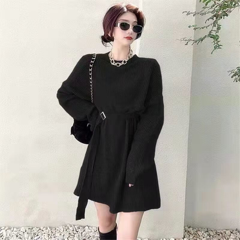 毛衣女秋冬外穿宽松慵懒风洋气时尚系带中长款显瘦针织衫上衣橘色送
