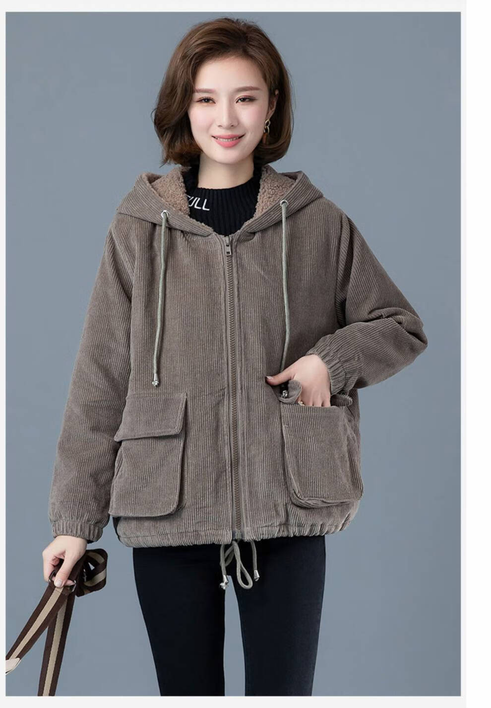 啄木鸟秋冬款短款灯芯绒加绒女2021年秋冬季新款韩版保暖中年加厚棉衣