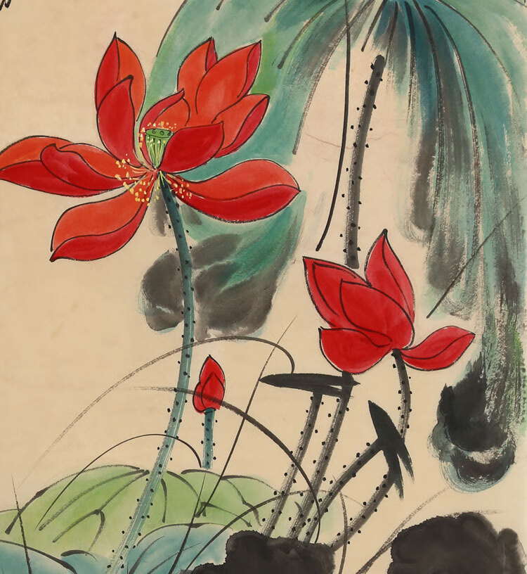 名家张大千荷花字画三尺国画纯手绘写意花鸟名家古玩大师书画收藏纯