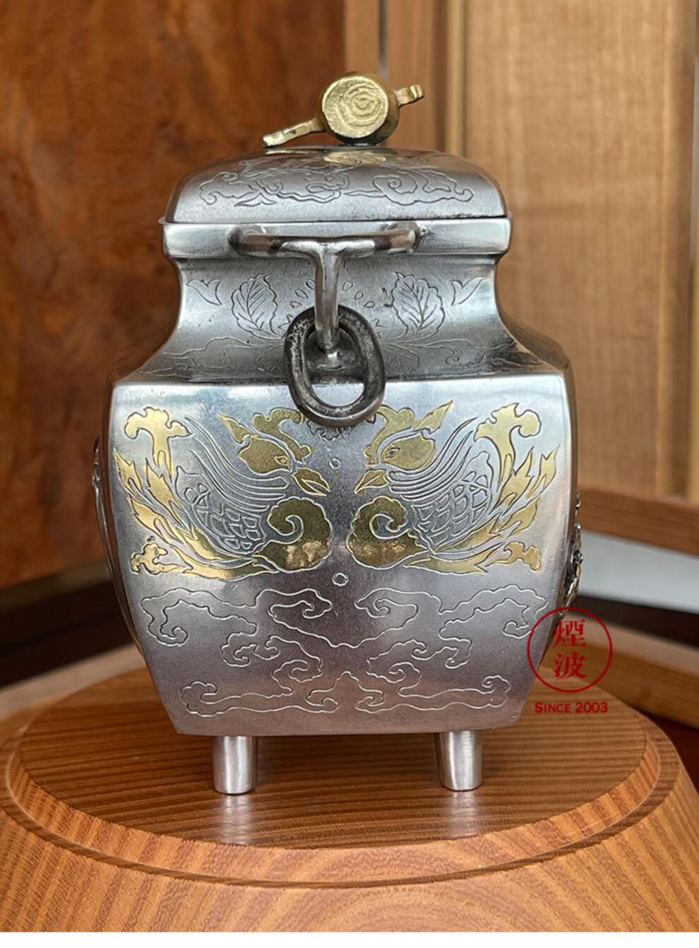 日本银器 富山 津雪作 纯银制 福寿大黑天 香薰炉 香道