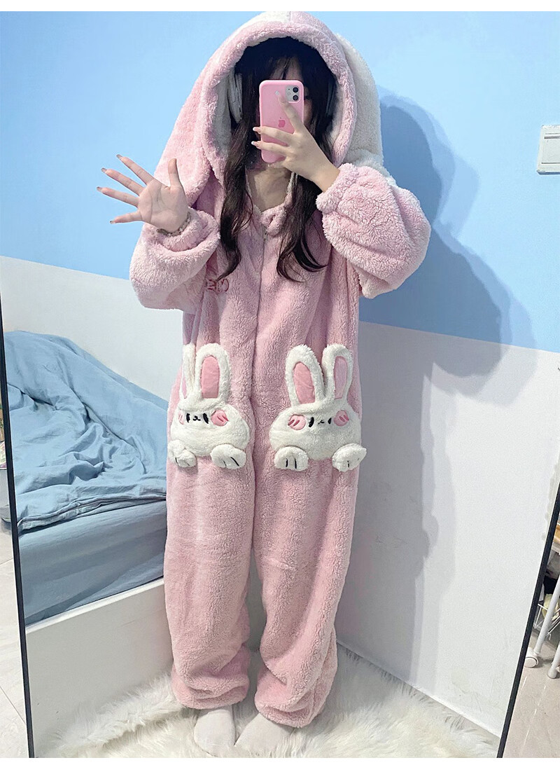 连体睡衣女珊瑚绒加绒加厚可爱毛绒绒兔子秋冬季法兰绒家居服图片色s