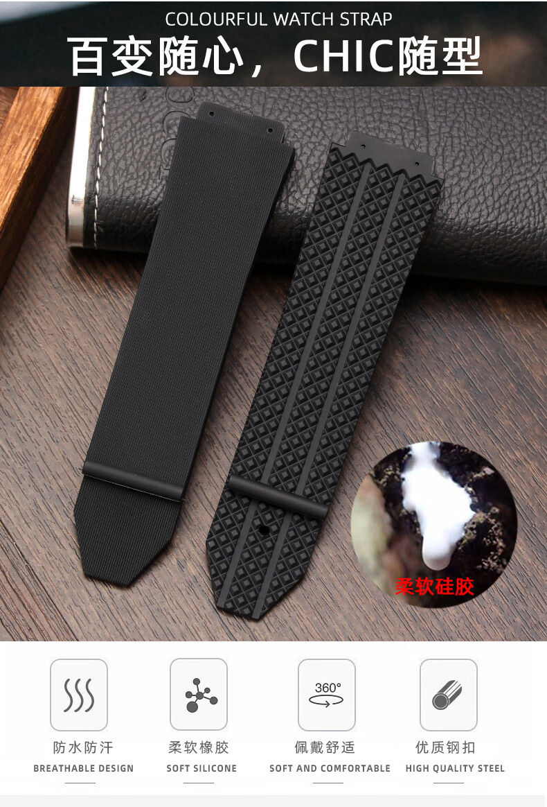 凸口橡胶表带适配hublot恒宝宇舶大爆炸系列格子纹硅胶手表带19mm颗粒