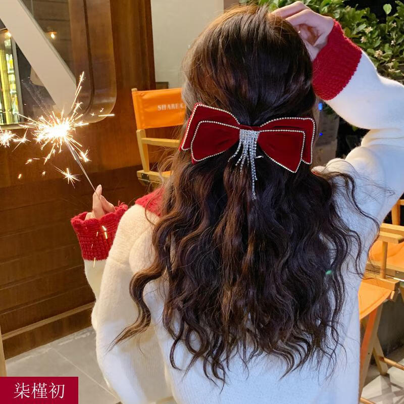 柒槿初 红色丝绒蝴蝶结发夹新年头饰法式复古后脑勺发卡夹子元旦发饰