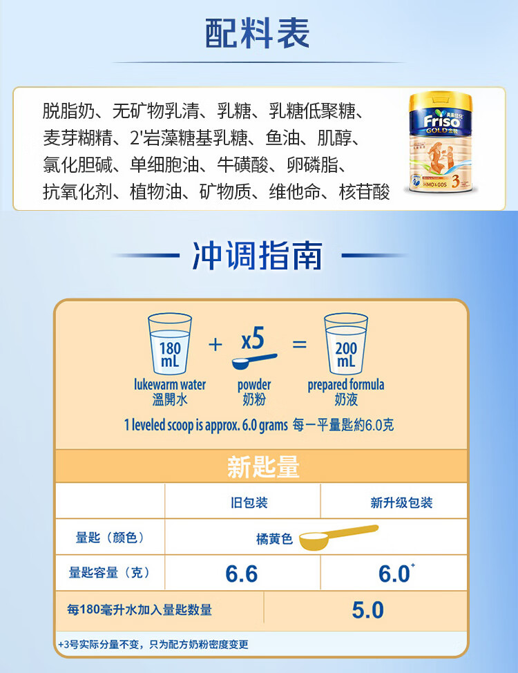 美素佳儿(friso)金装系列 3段 (1-3岁) 儿童配方奶粉 hmo配方900g/罐