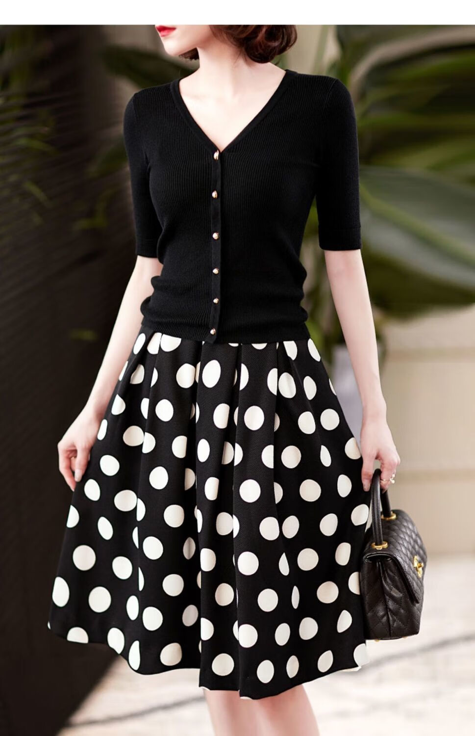 轻薄针织黑色开衫衫女套装波点a字半身裙黑色上衣中袖单件3xl135145斤