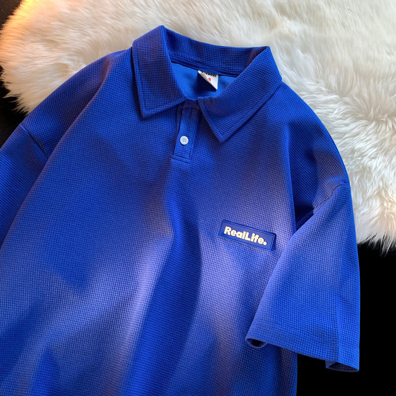 男翻领polo衫2022新款港风夏季潮牌ins原宿风衣服潮华夫格polo白色xs