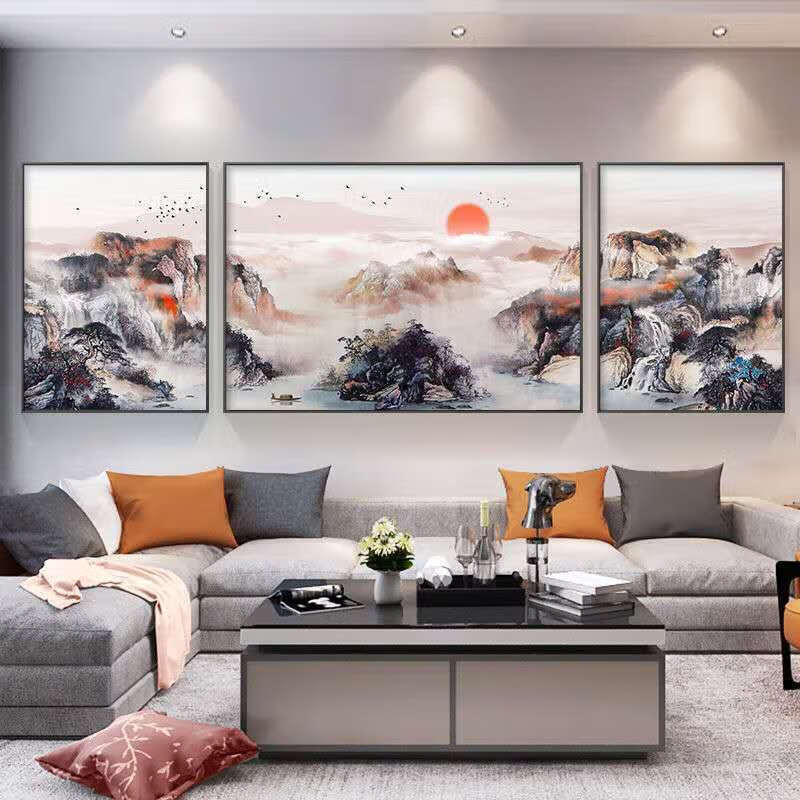 新中式客厅装饰画风水靠山沙发背景墙挂画抽象风景意境山水三联画款式