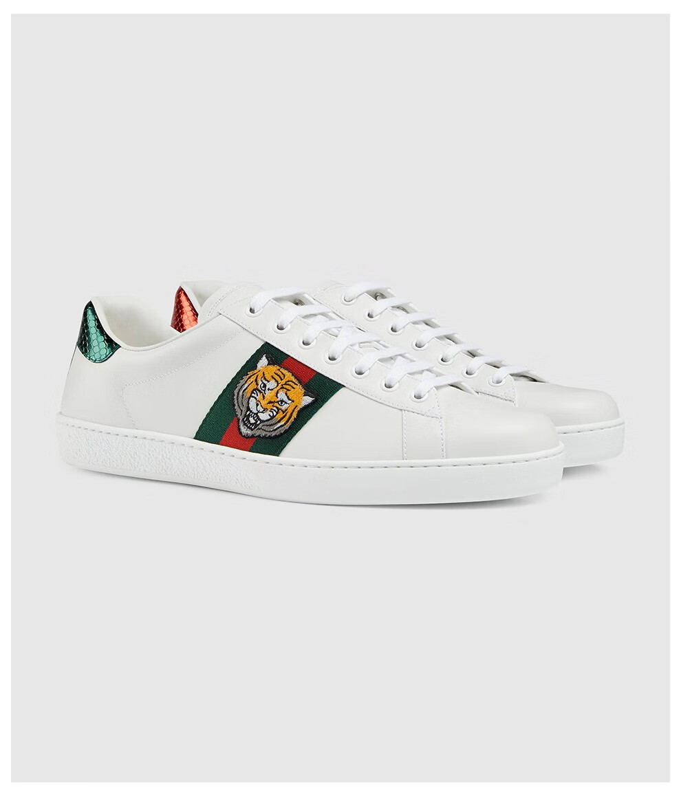 gucci古驰男士牛皮织带虎头刺绣图案休闲运动鞋白色395