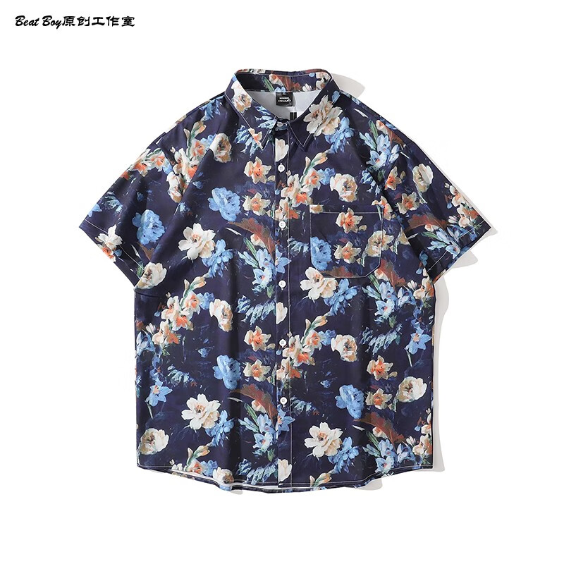 花衬衫男夏季港风宽松碎花 bkpp欧儿同款红扶桑花衬衫男女他泰国aloha