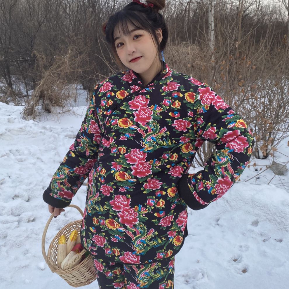 视频同款东北大花布衣服棉袄棉裤大花袄套装加厚棉衣女冬大棉袄民族风