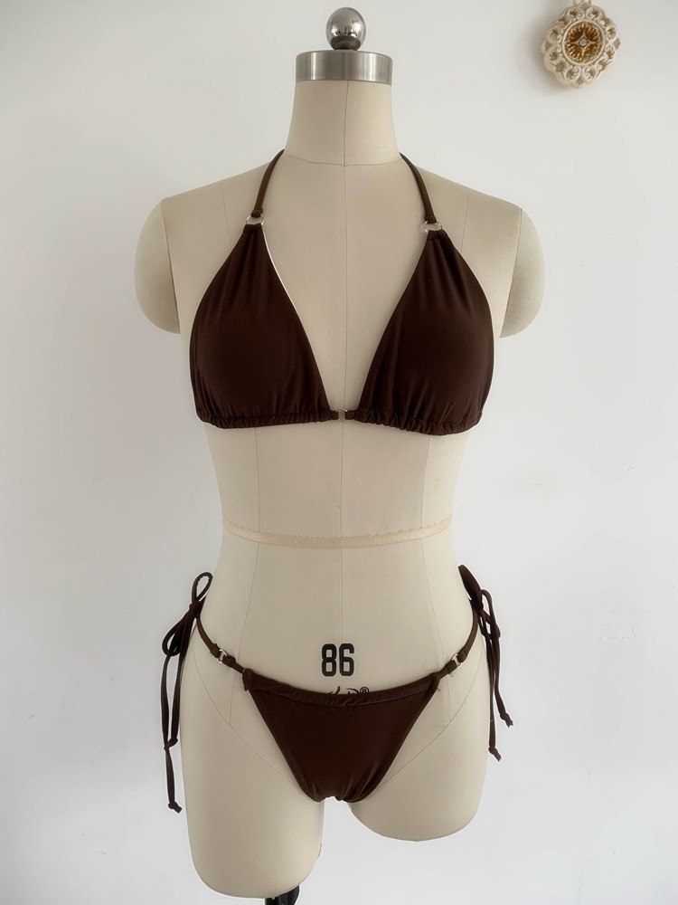欧美新款三角比基尼泳衣女抽绳绑带性感三点式小胸bikini沙滩拍照
