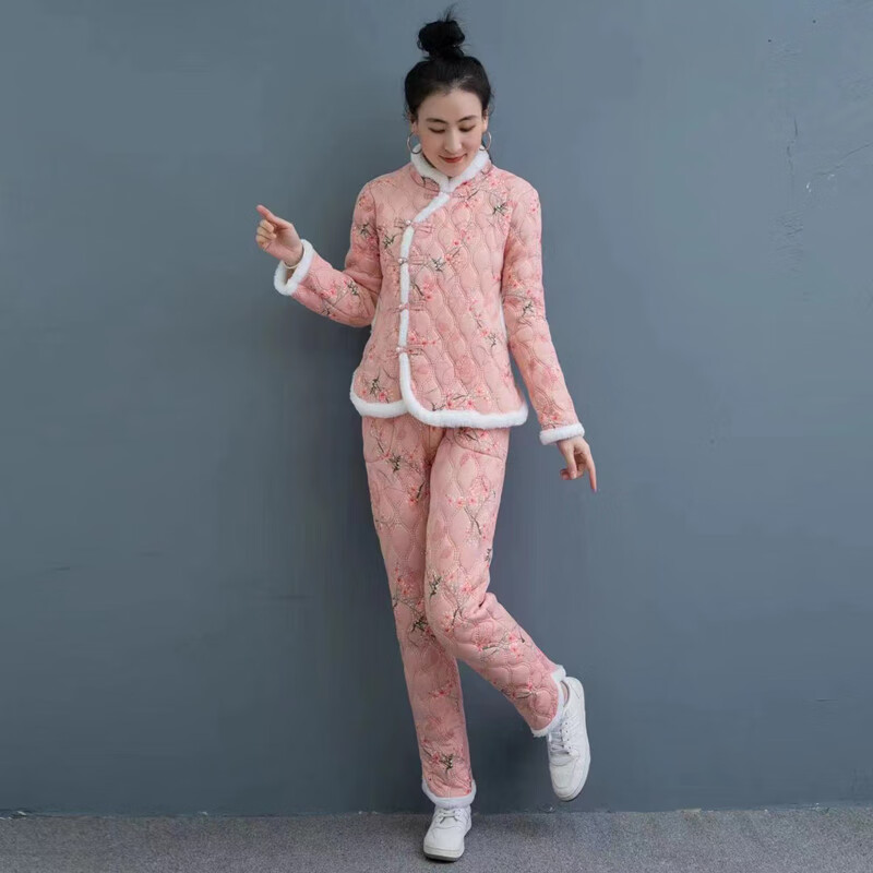 花2022式加绒棉袄棉裤两件套装唐装民族风妈妈花棉衣 绿色(棉衣 棉裤)