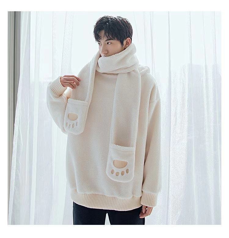 冬季情侣韩版慵懒风可爱熊耳朵上衣男带围巾帽子可拆卸连帽卫衣紫色加