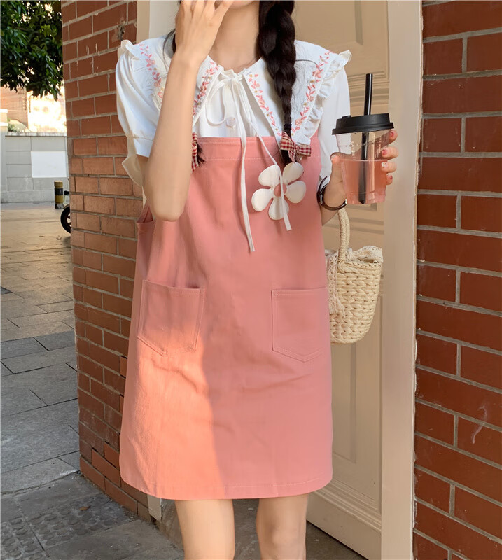 hdyw女生夏天假两件连衣裙初中生可爱通勤风韩系粉色牛仔背带裙两件1