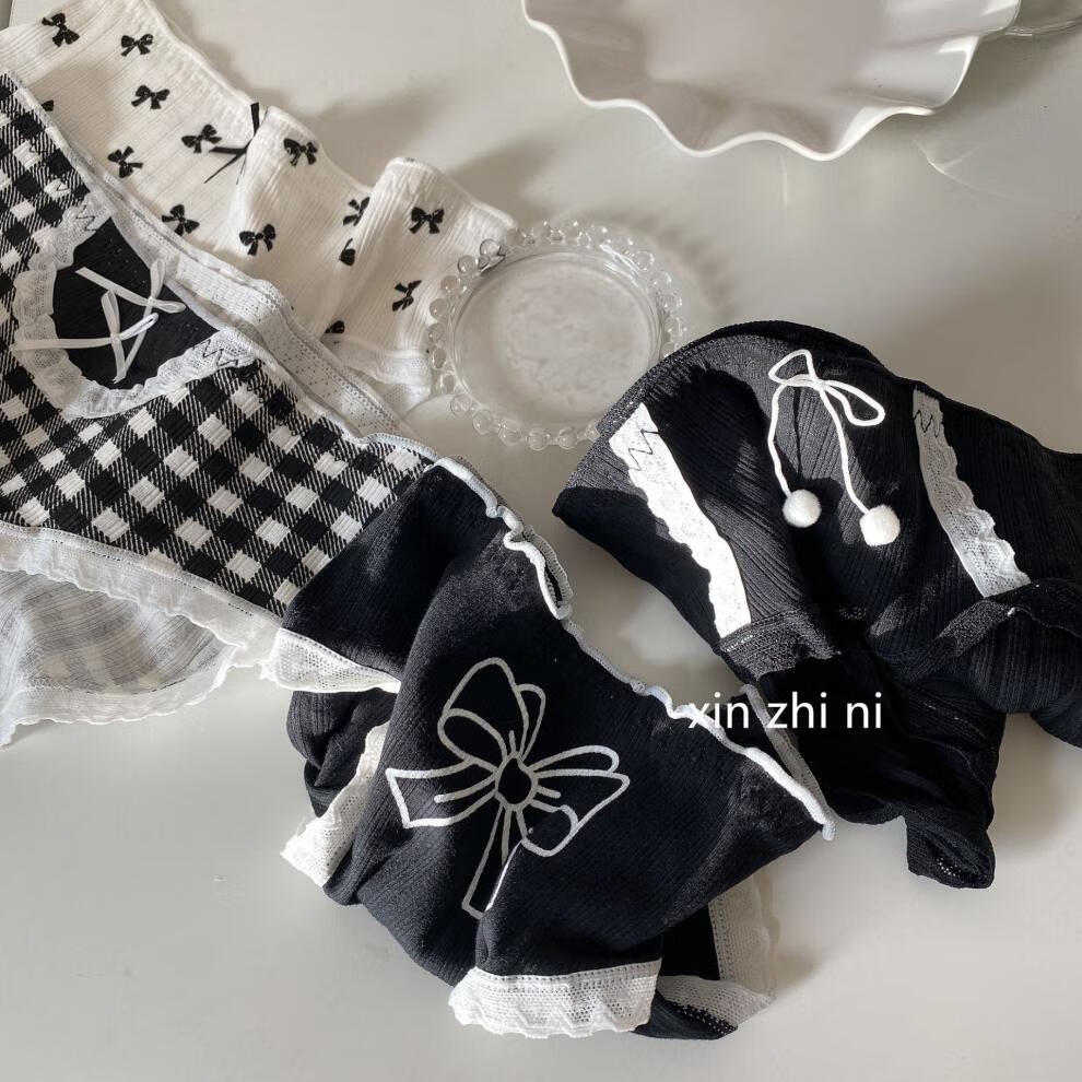 kexiao 黑白系列 日系jk洛丽塔棉内裤女中腰舒适包臀可爱蝴蝶结三角裤