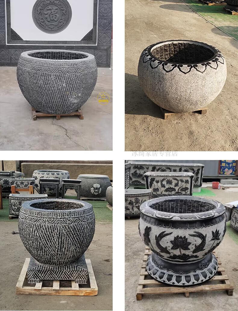 缸石头水缸中式石盆水景 青石浅浮雕经典款50cm不含运费【图片 价格