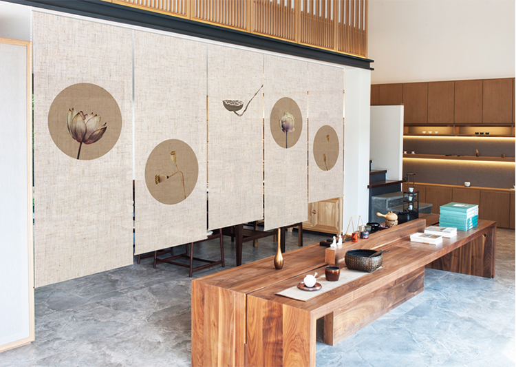 免打孔 新中式禅意亚麻卷帘茶室遮光拉帘软隔断悬挂屏风手拉升降帘