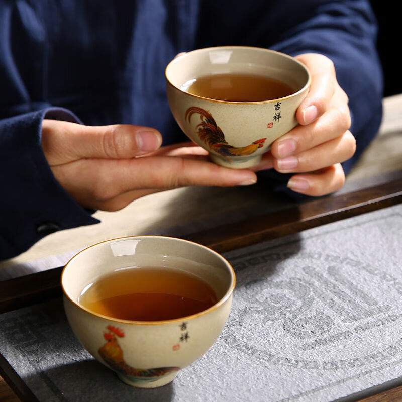 粗陶仿古鸡缸杯品茗杯斗彩鸡公杯喝茶主人杯个人单杯茶杯茶碗茶盏大吉