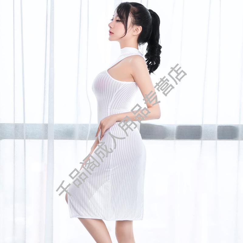 镂空黑丝高叉薄透明野外露出调教白色大码睡裙 6050竖条高弹高开叉