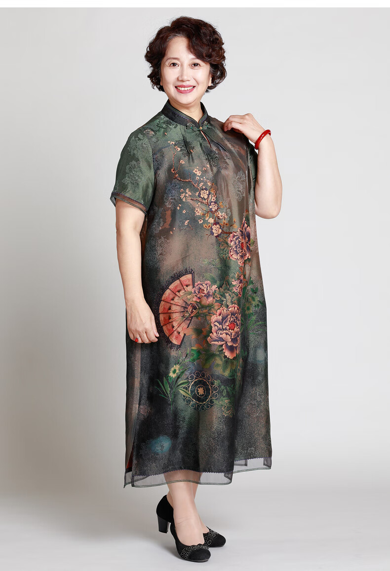 老美华2022夏季妈妈装中老年女士桑蚕丝连衣裙舒适裙子女装1号色xl