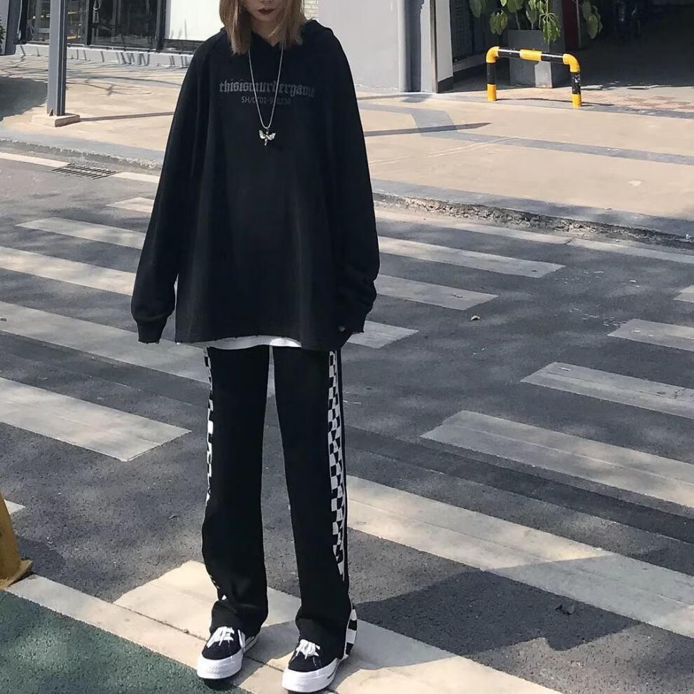 钊闻21春秋款酷酷女孩穿搭连帽宽松棋盘格卫衣港风复古休闲裤两件套装
