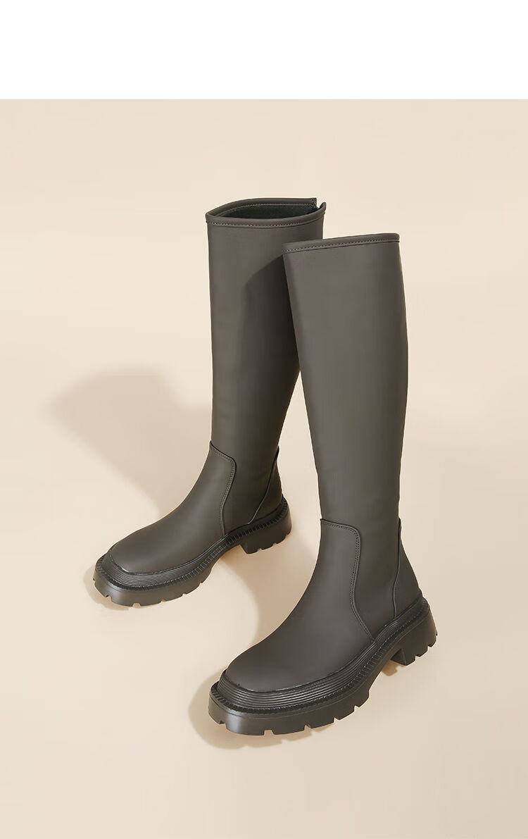 烟管靴长筒靴女秋冬新款橡胶感不过膝长靴黑色单里35