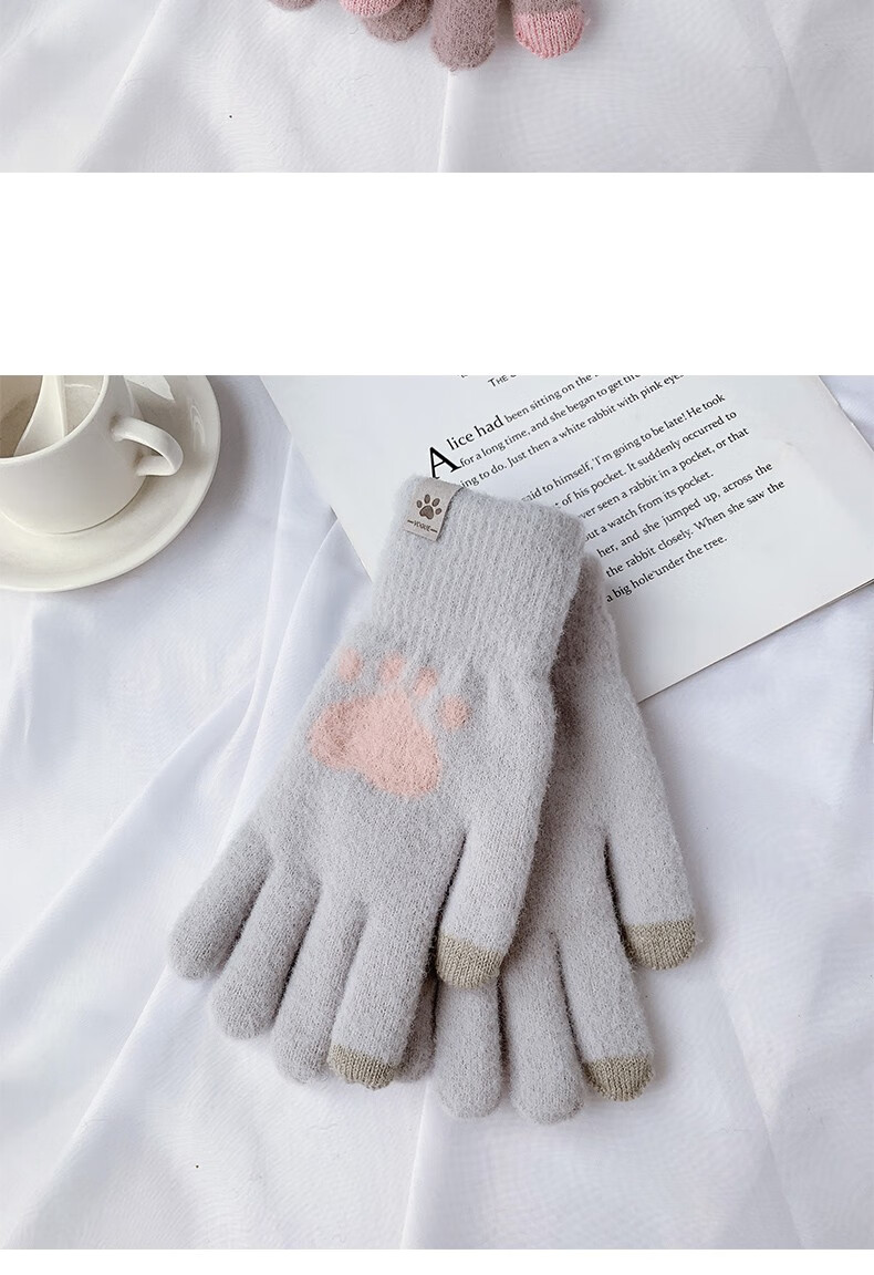女全指韩版加厚柔软ins日系猫爪加绒触屏毛线手套网红可爱冬季保暖