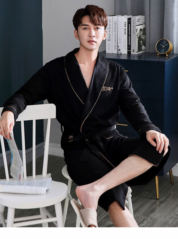 睡衣男日式夏季薄款男士睡袍中长款晨袍春秋中青年大码浴袍日式睡衣靛