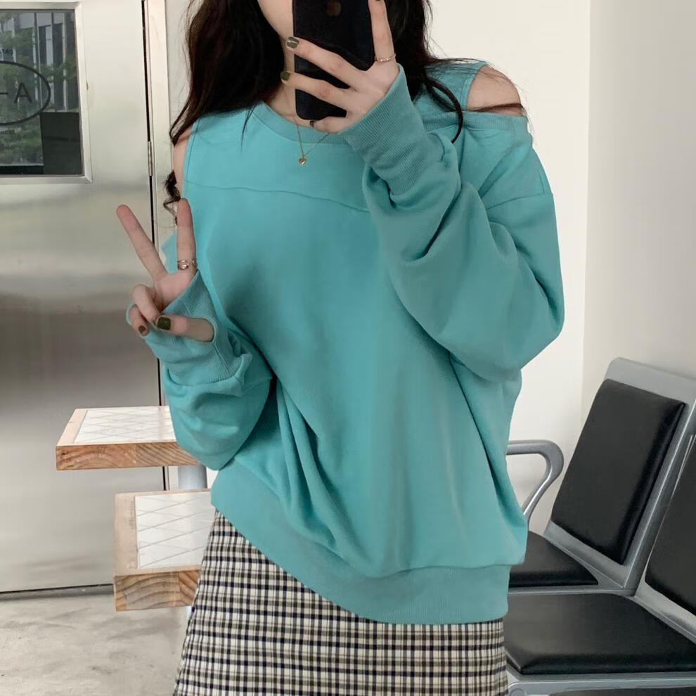 mayloveyou小心机露肩长袖卫衣女韩版色宽松慵懒休闲上衣设计感绒衫x0
