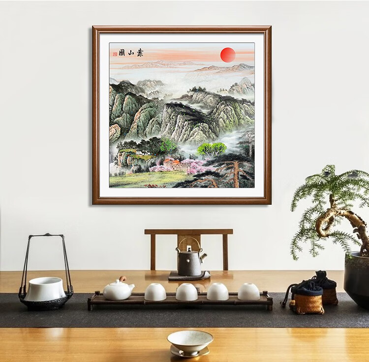 聚宝盆山水画八方聚财客厅斗方挂画入户玄关画靠山图背有靠山e款大展