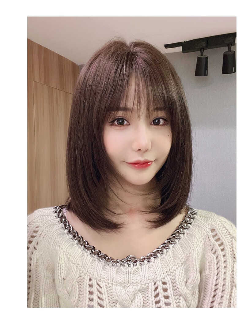 中长发真发网红真人发丝锁骨发型自然全头套造型内扣波波头深棕色31cm