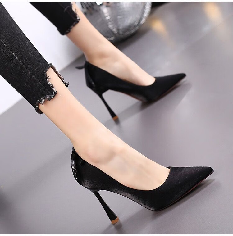 高跟鞋床上穿的高跟鞋性感细跟气质尖头夜店超高蝴蝶结单鞋 黑色10cm